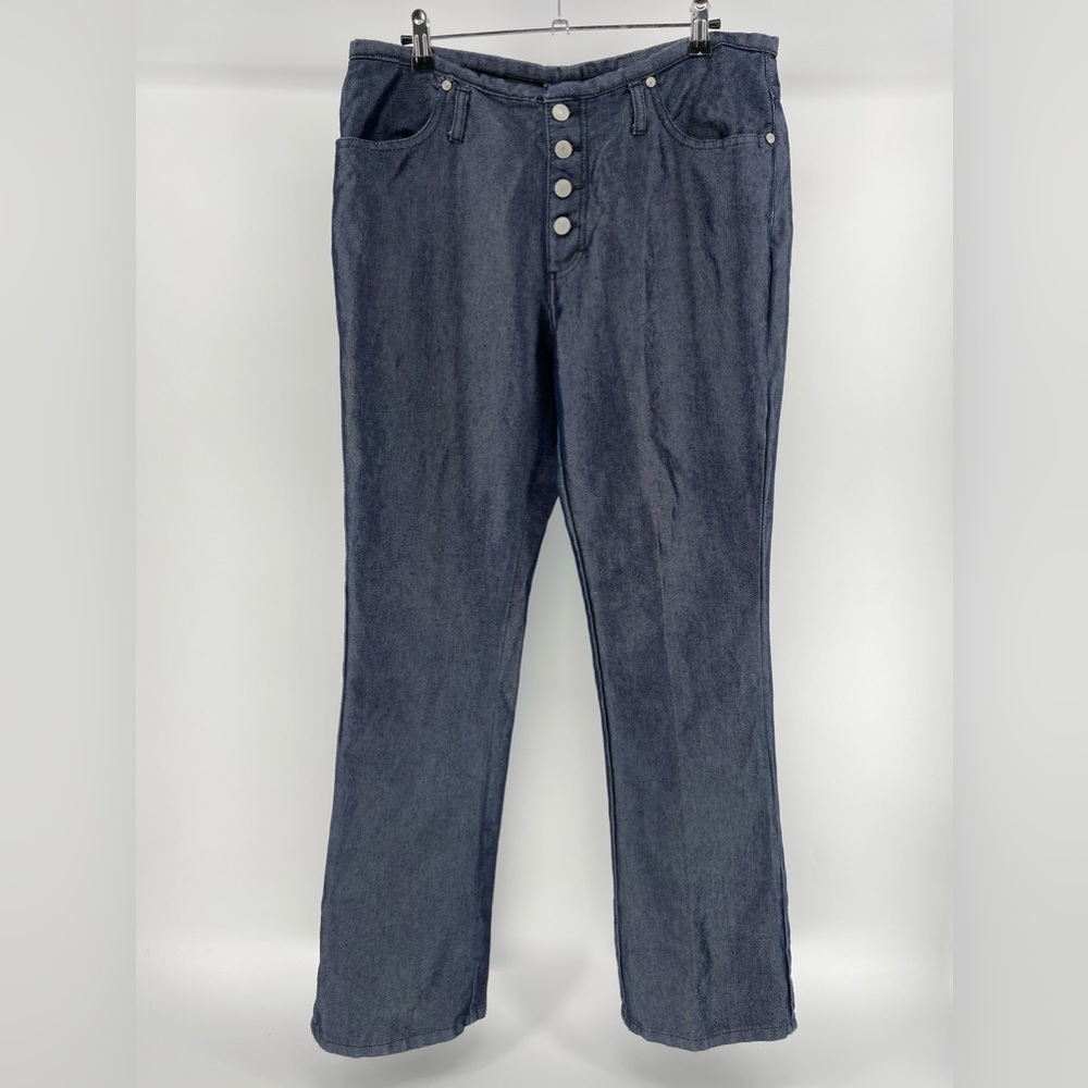 Y2K No Waistband Button Fly Jeans, Metallic Coated Dark Wash, Women’s 32 Waist